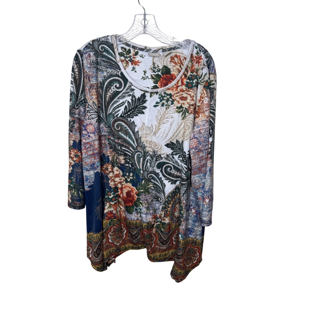 Chicos Zenergy Womens Size 3 XL Paisley Floral Tunic Top Long Sleeve Multicolor